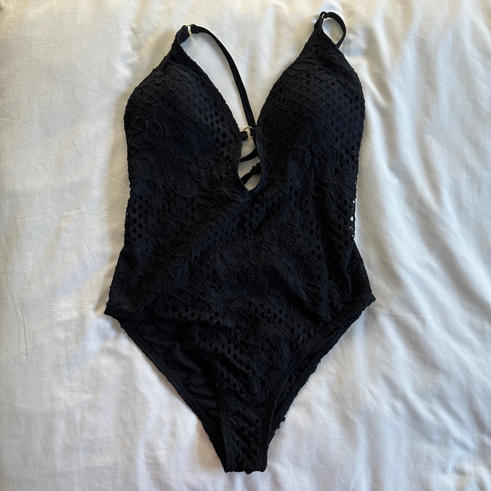 Black Lace One-Piece Swimsuit in excellent condition